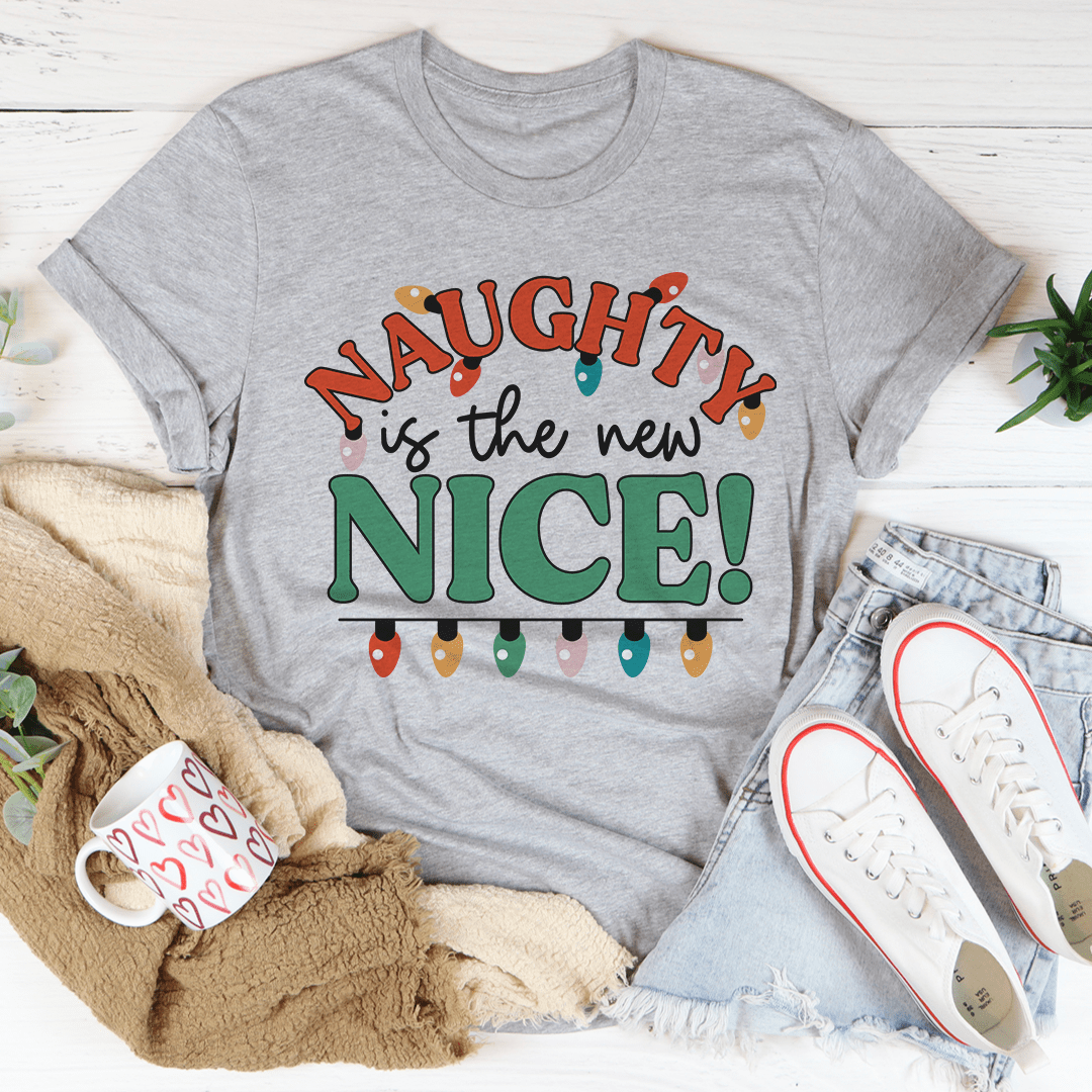 Heather gray t-shirt, short sleeves, with 'Naughty is the new Nice' colorful text graphic