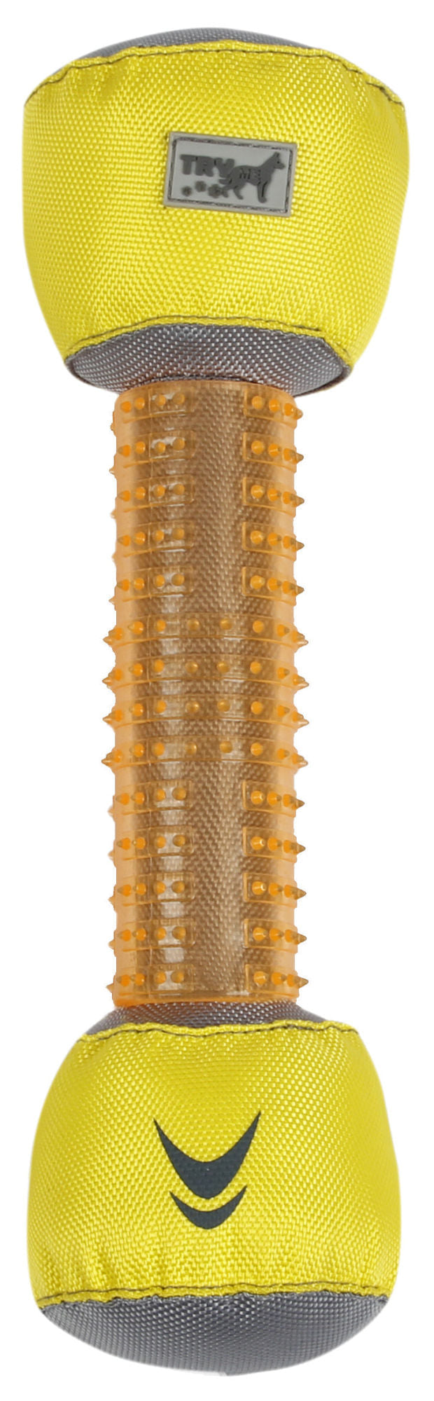 Floating dental fetch dog toy with yellow top and bottom, orange textured middle