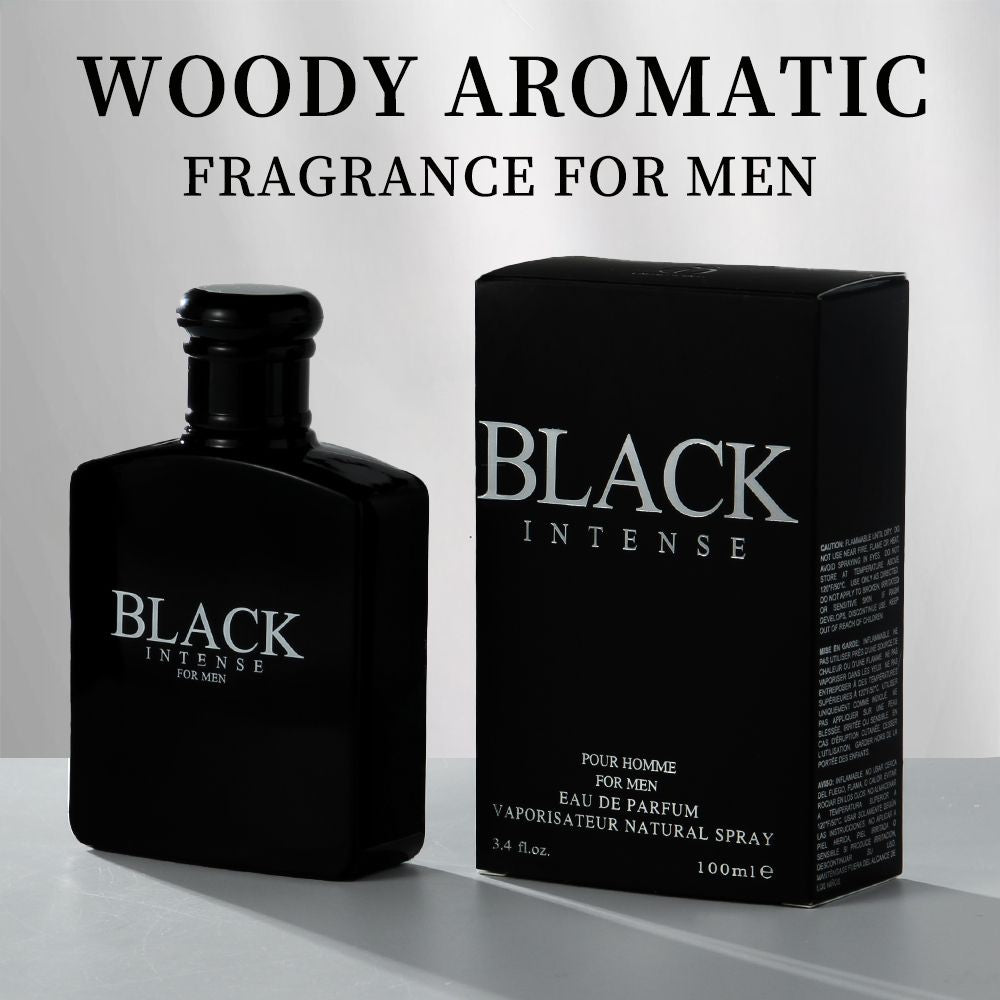 Black eau de toilette spray bottle and box with BLACK INTENSE label and black cap