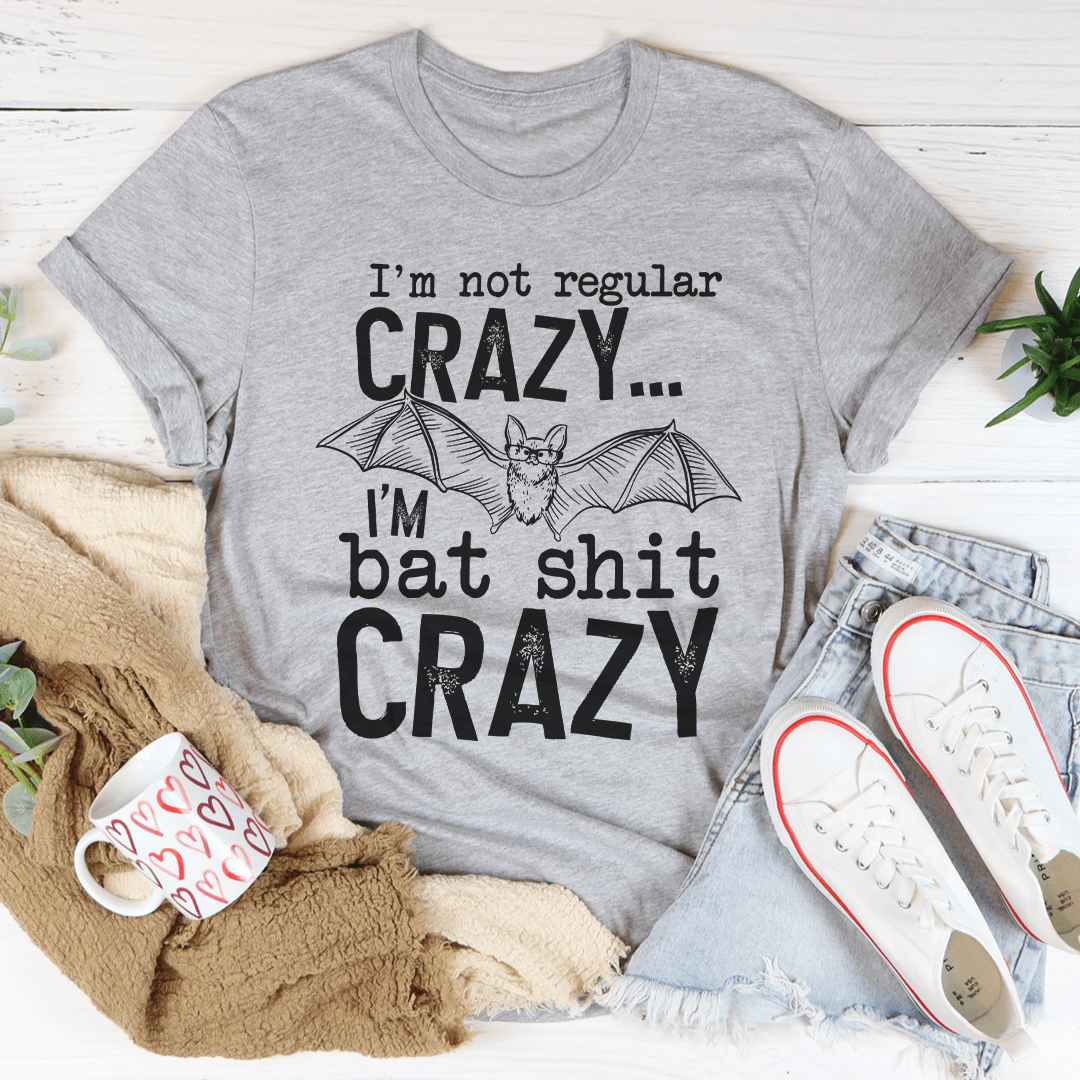 Heather gray crew-neck T-shirt with bat graphic and stacked “I’m not regular CRAZY” text