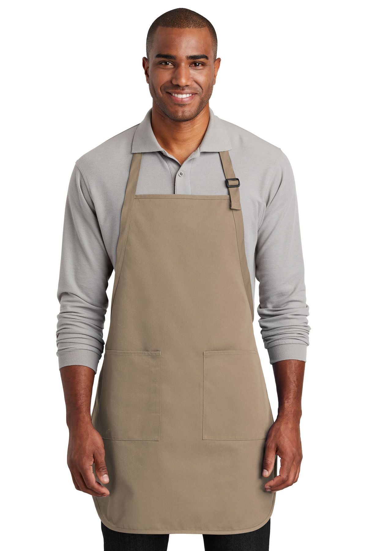 Full-length two-pocket bib apron, khaki, with neck strap and two front pockets.