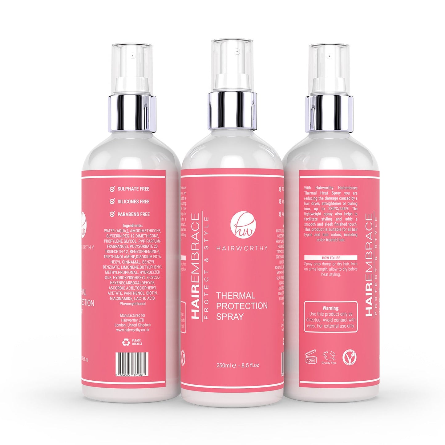 Three Hairworthy Hairembrace Thermal Protection Spray bottles with front labels and silver pumps