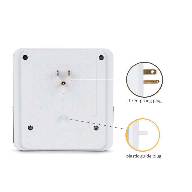 White wall adapter back view with screws, three-prong plug, and plastic guide plug