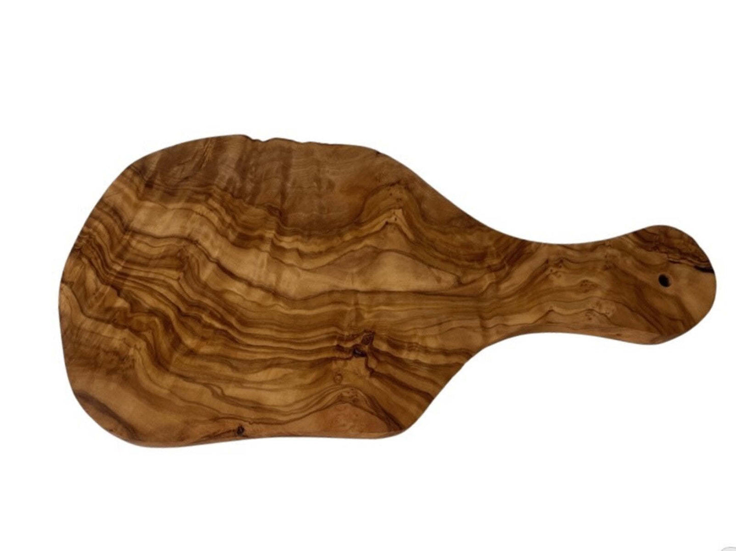 Olive wood cutting board with handle, rounded end and visible grain pattern