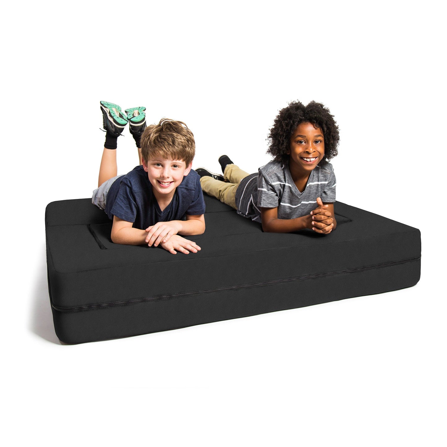 Black microsuede modular ottoman with cushioned top, two kids sitting