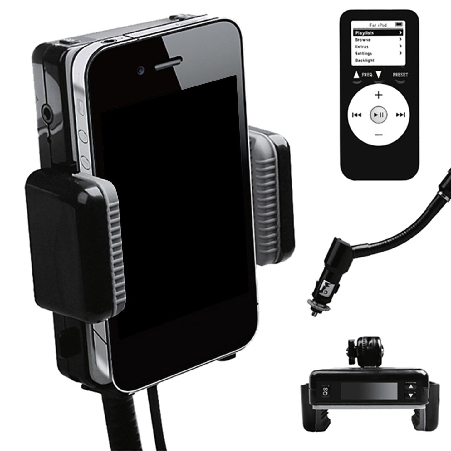 Black hands-free car phone mount with FM transmitter, remote control, and suction clip