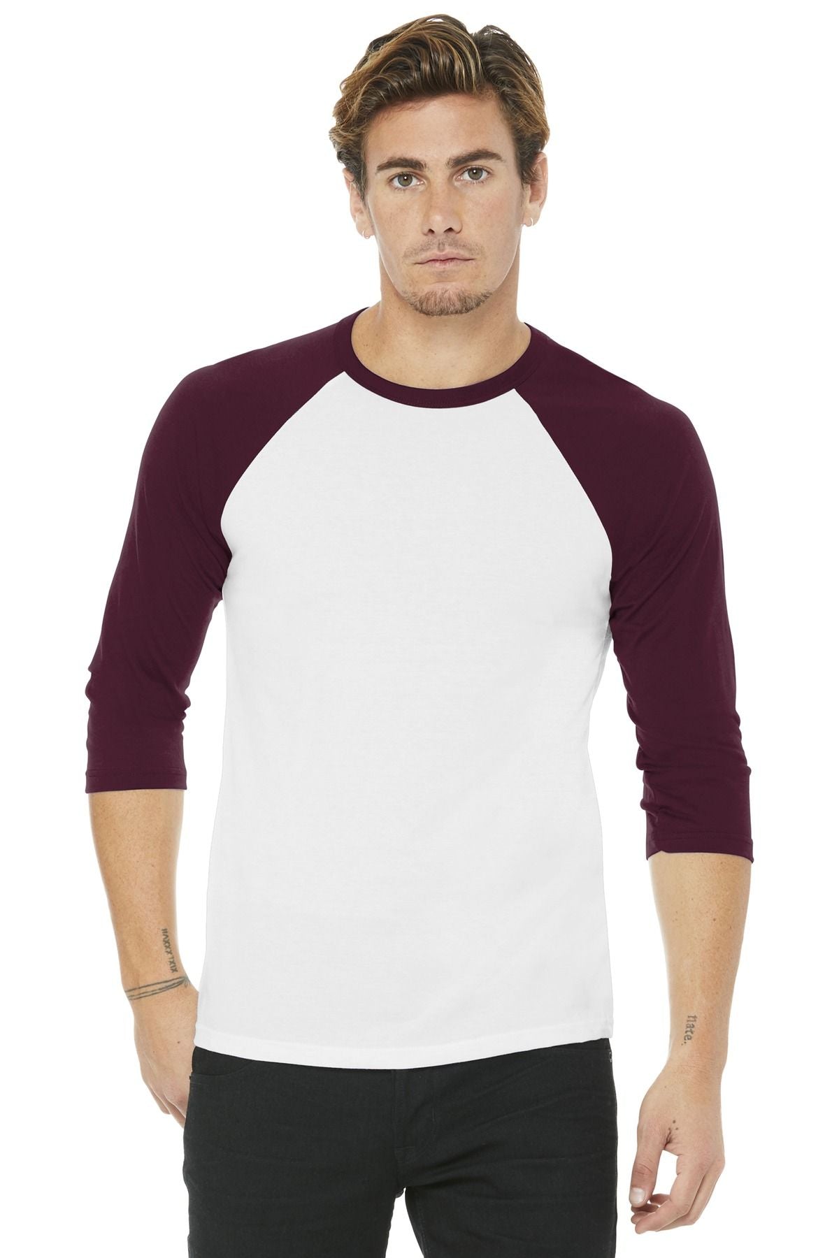Unisex 3/4-sleeve baseball tee with white body and maroon raglan sleeves