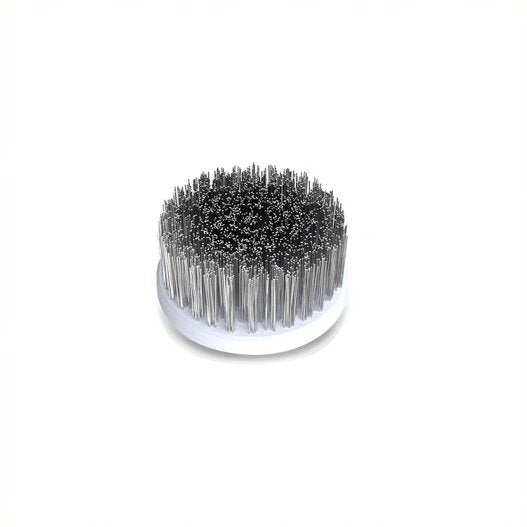 Circular bristle brush head with gray bristles and white base