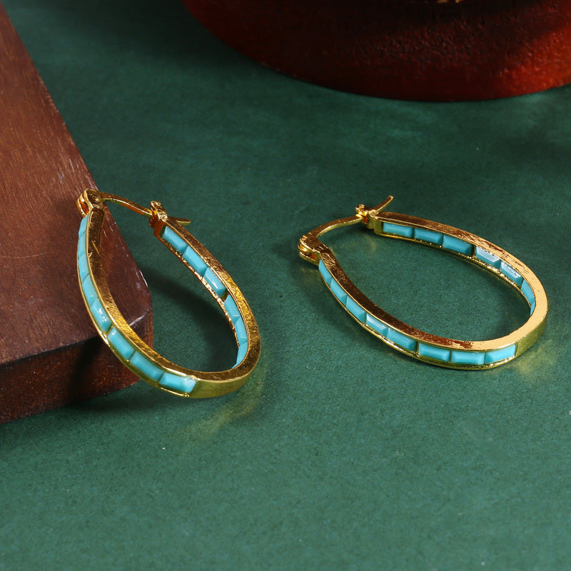 U Shape Hoop Earrings Inlaid Square Shape Synthetic Gems Fashion Piercing Earrings Jewelry 1 Pair