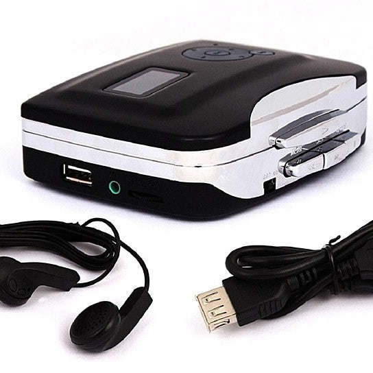 Cassette-to-MP3 converter with front ports and included USB and audio cables, black unit