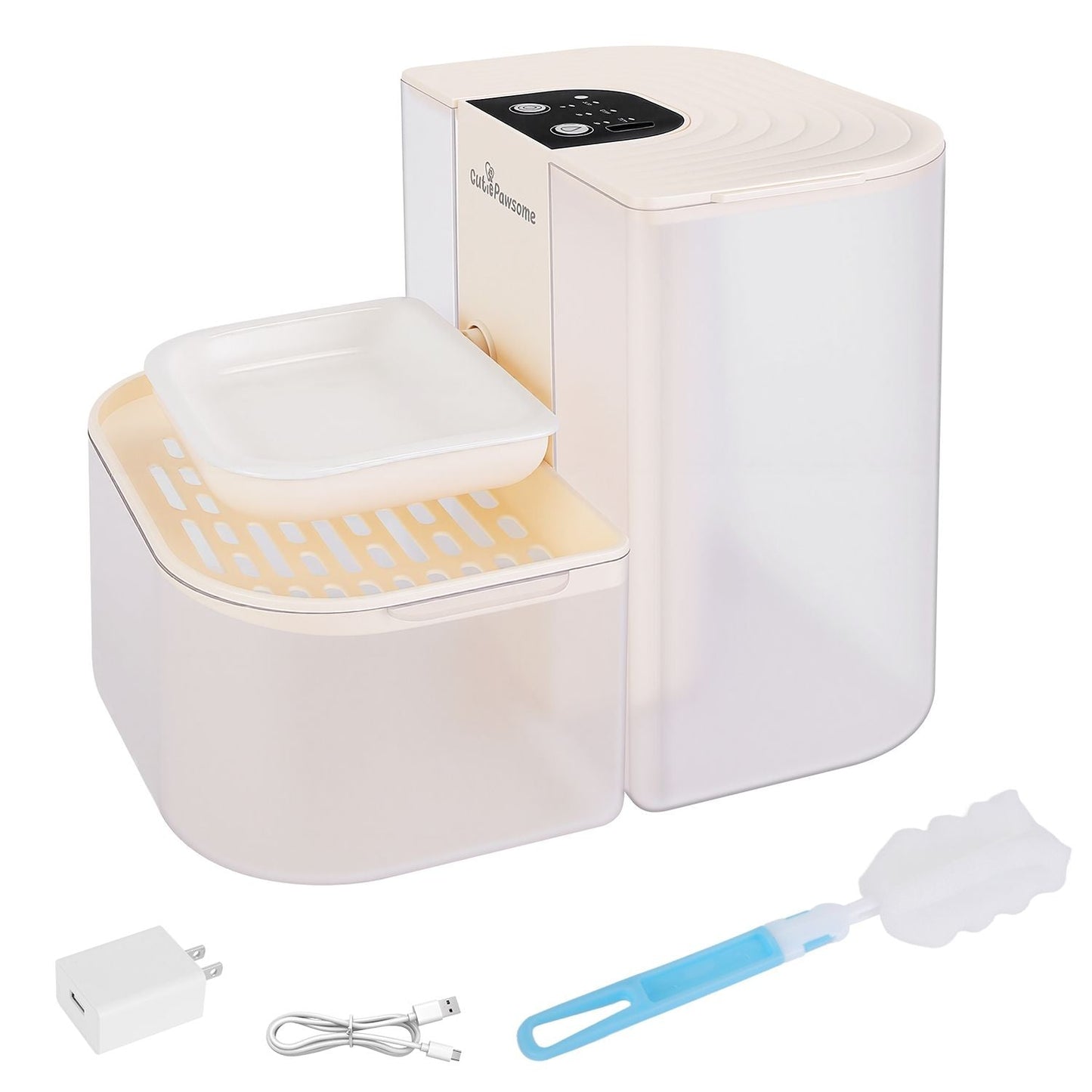 Automatic pet water fountain with beige top unit, open basin, and included accessories