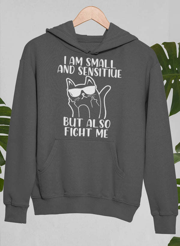 Dark gray hoodie with front pocket, hood, and cat graphic with 'FIGHT ME' text.