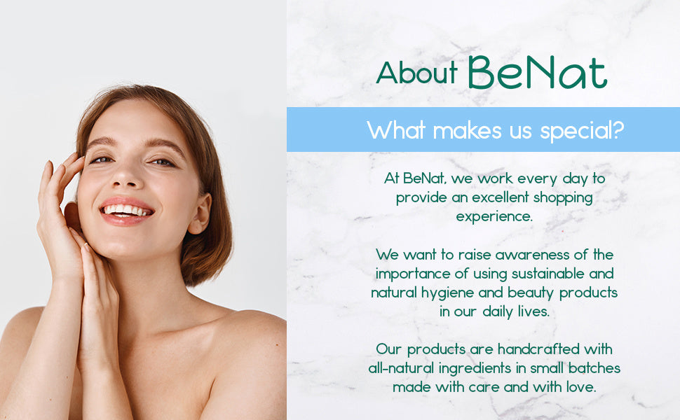 BeNat about card with smiling woman portrait beside face roller information