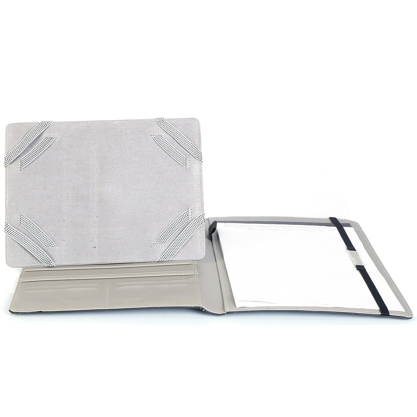 Gray 9.7in tablet organizer case with textured folio cover and lined notepad, open