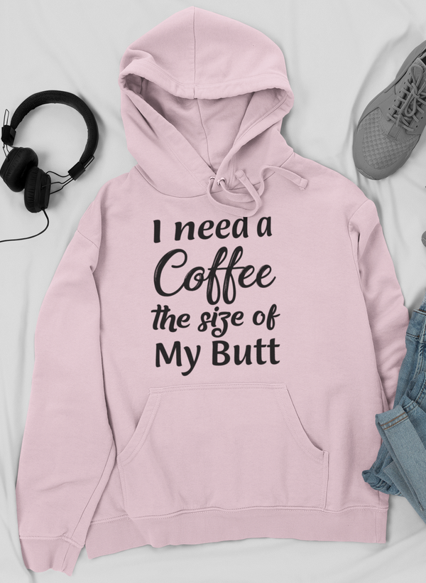 Mauve pullover hoodie with front pocket and "I need a Coffee" slogan print