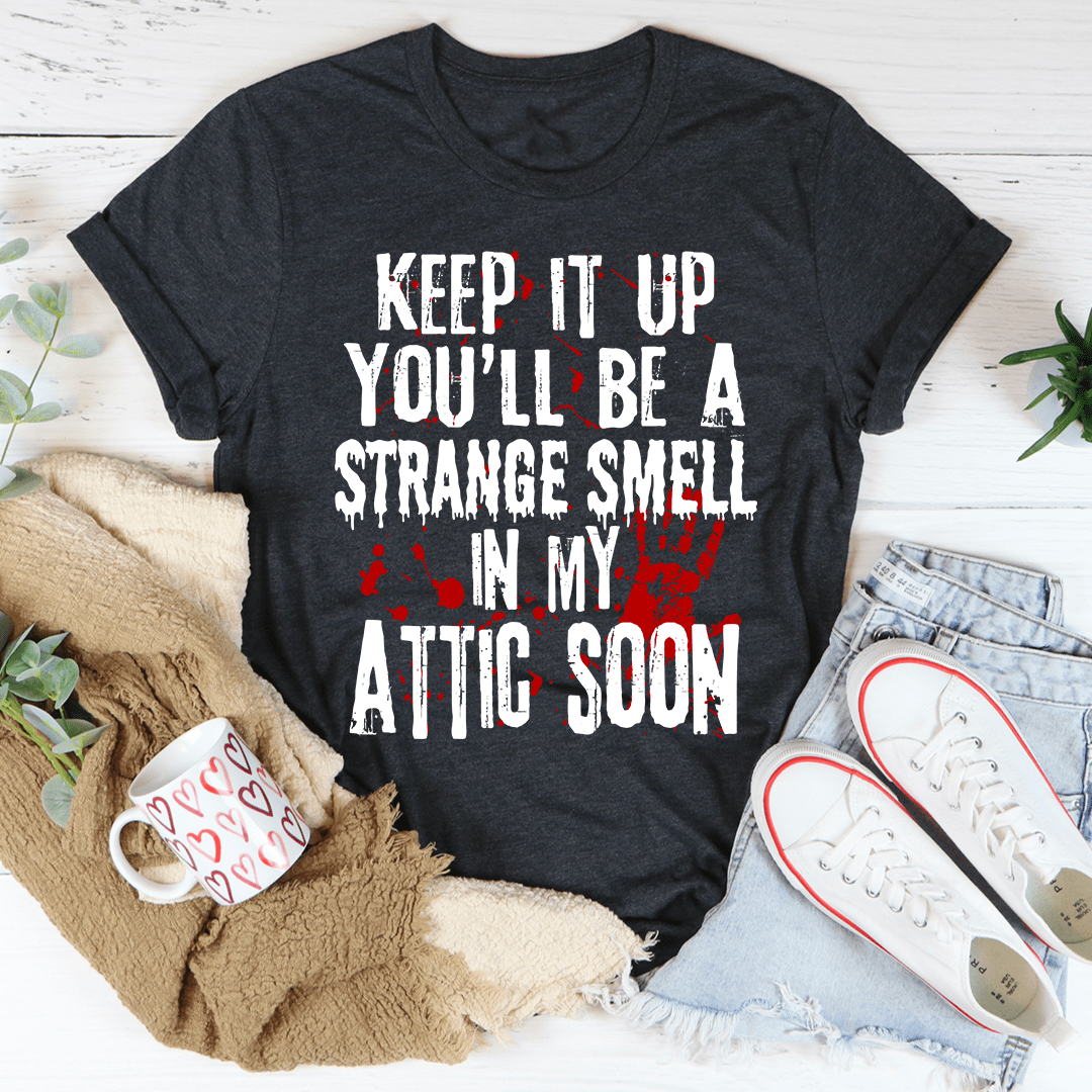 Charcoal heather crew-neck T-shirt with distressed text graphic and red splatter