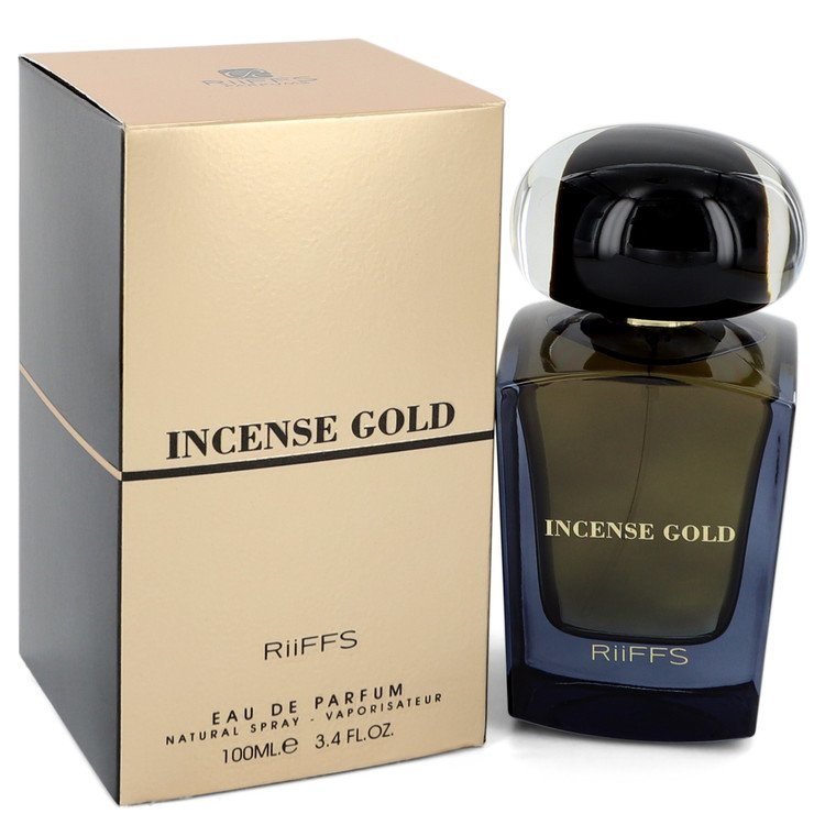 Riiffs Incense Gold eau de parfum spray bottle with gold-toned glass, 3.4 oz
