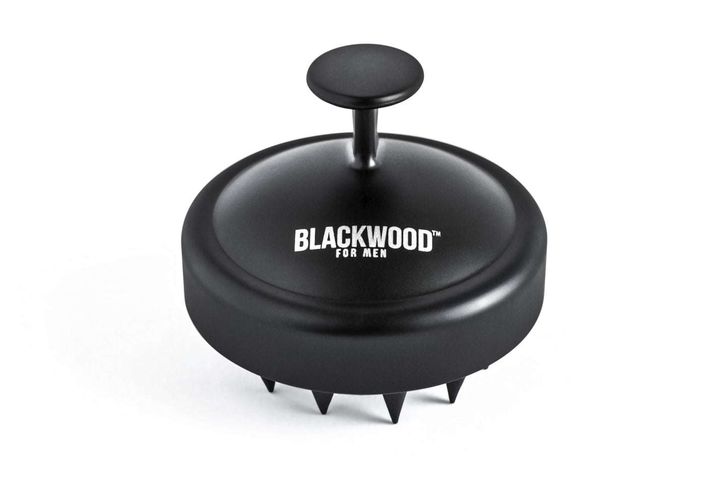 Black scalp massager with BLACKWOOD logo on domed head