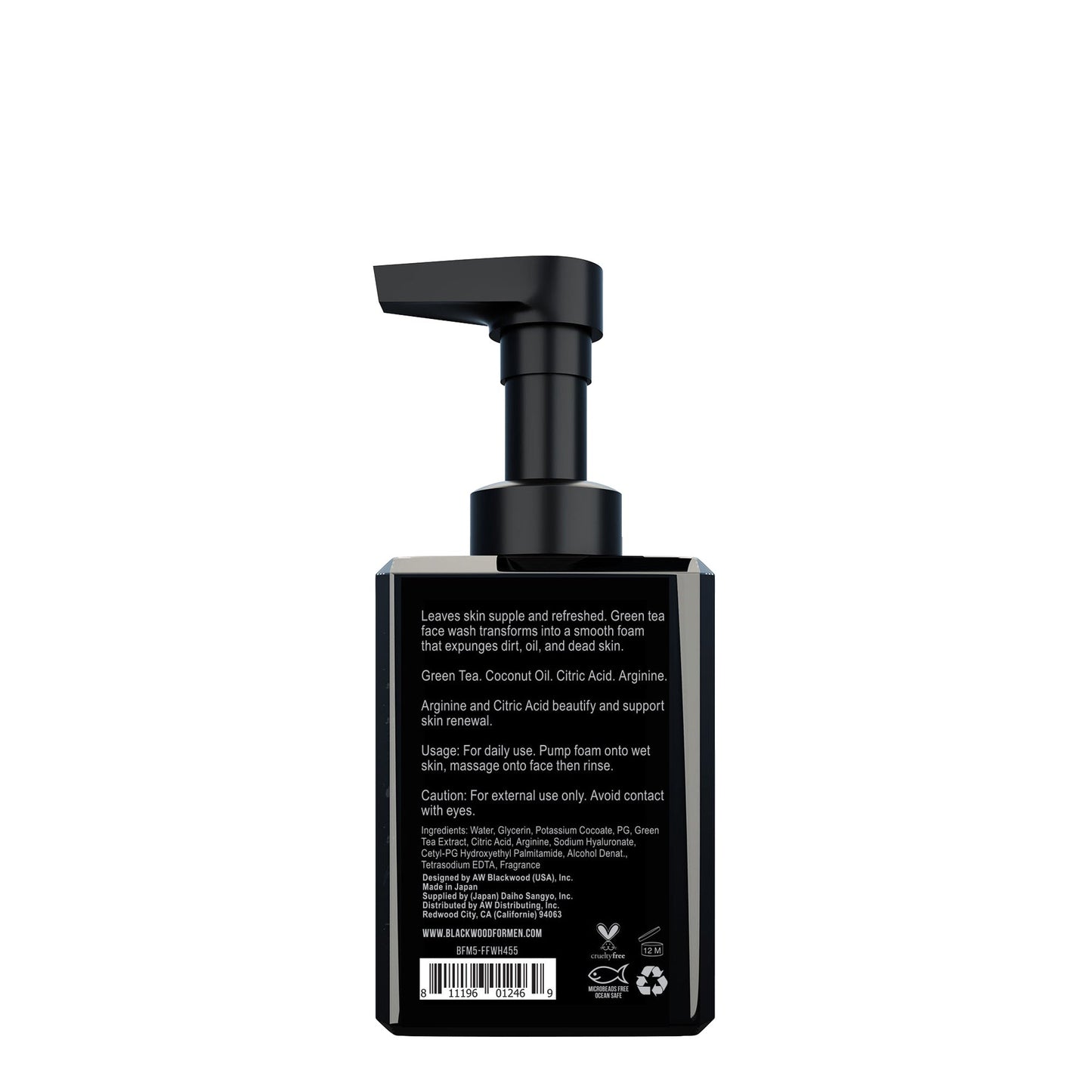 Blackwood for Men foaming face wash bottle with pump, black back label