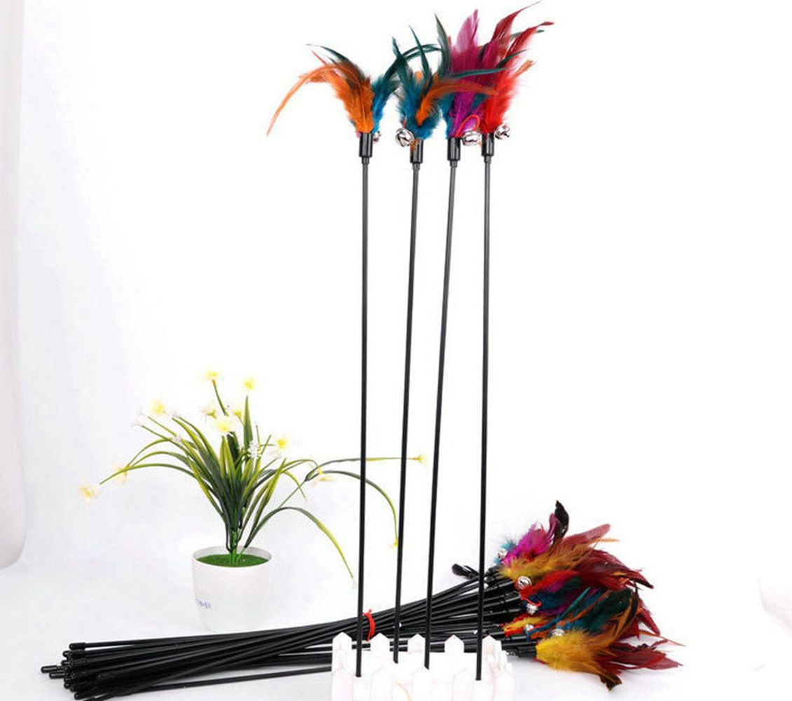Cat Wand Stick Toy Color Vary Feather with Bell Teaser and Exerciser for Cat and Kitten