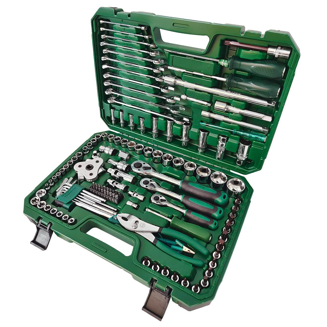 Open green tool case with socket heads, wrenches, and green-handled drivers