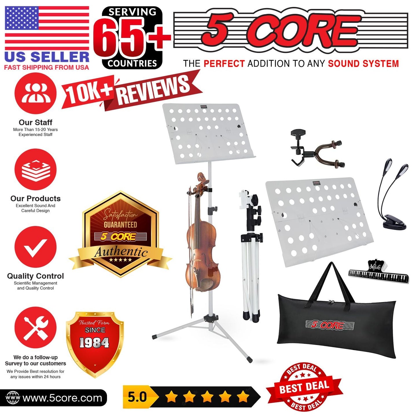 5 Core Music Stand For Sheet Music Height Adjustable Portable Folding Atril Para Partituras w Light Clip for Guitar Players Violinists Cellists Pianists - MUS FLD HD ACC WH