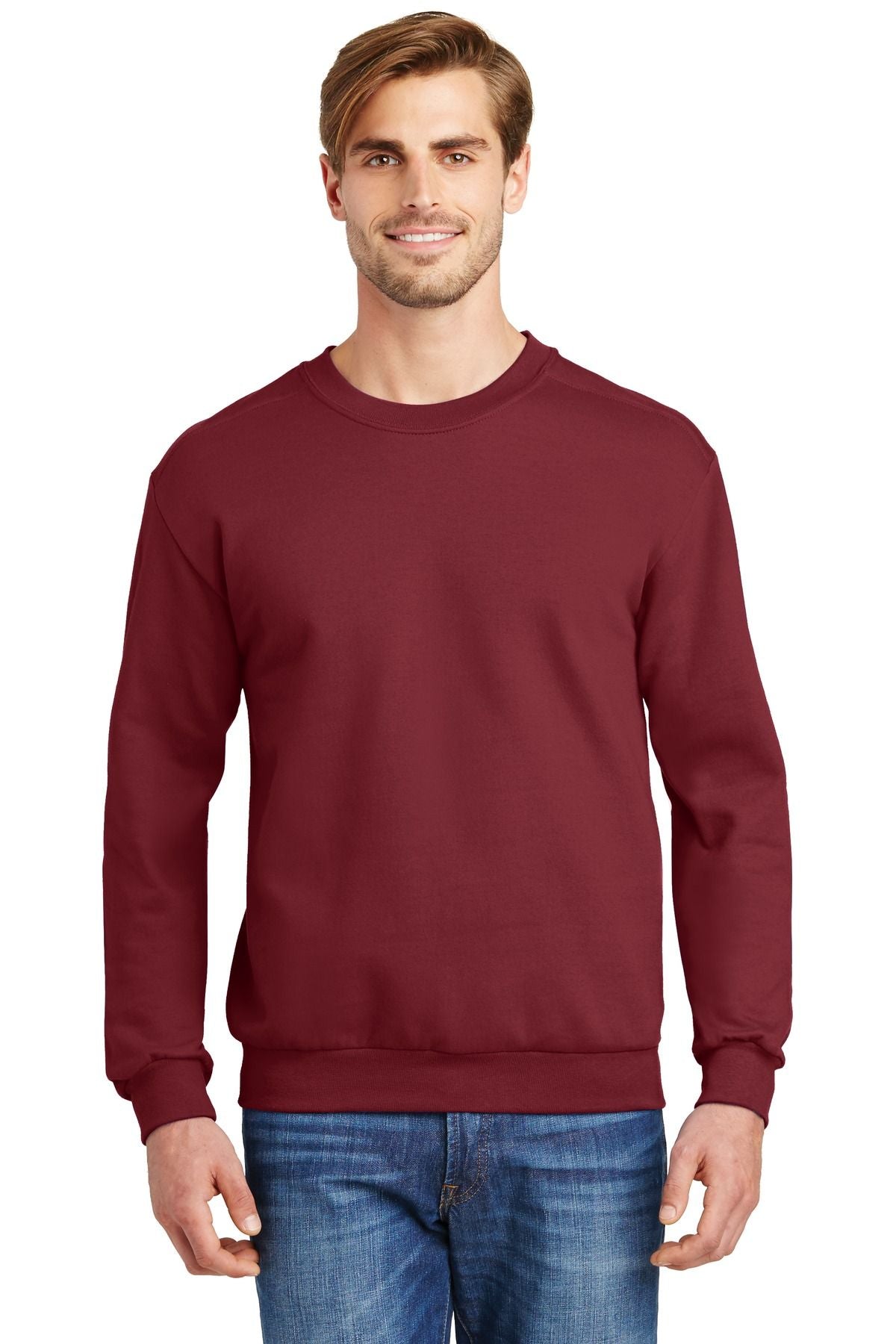 Burgundy crewneck sweatshirt with ribbed collar, cuffs, and straight hem