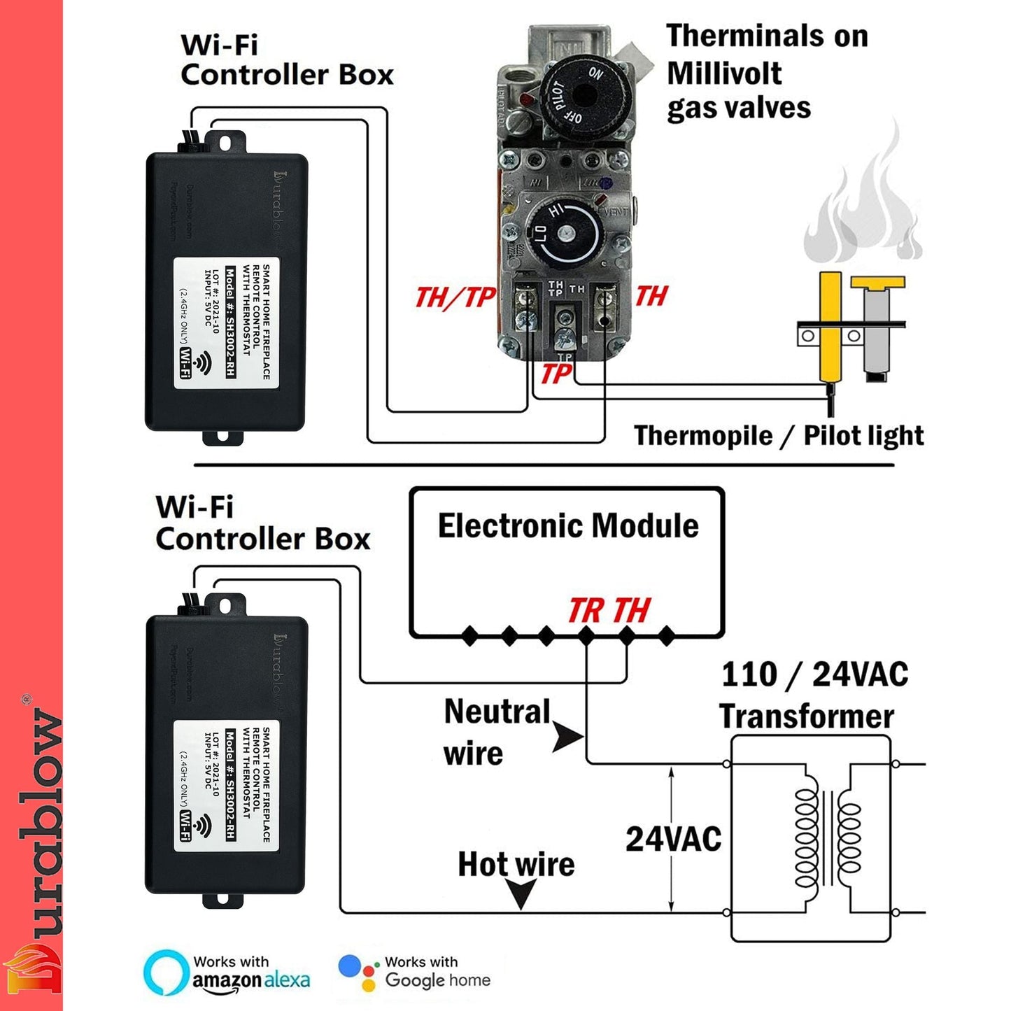 Durablow SH3001 Gas Fireplace WiFi Smart Home Remote Control for Millivolt Valve IPI; Works with Amazon Alexa; Google Home; Samsung SmartThings; IFTTT; Siri; Smart Life