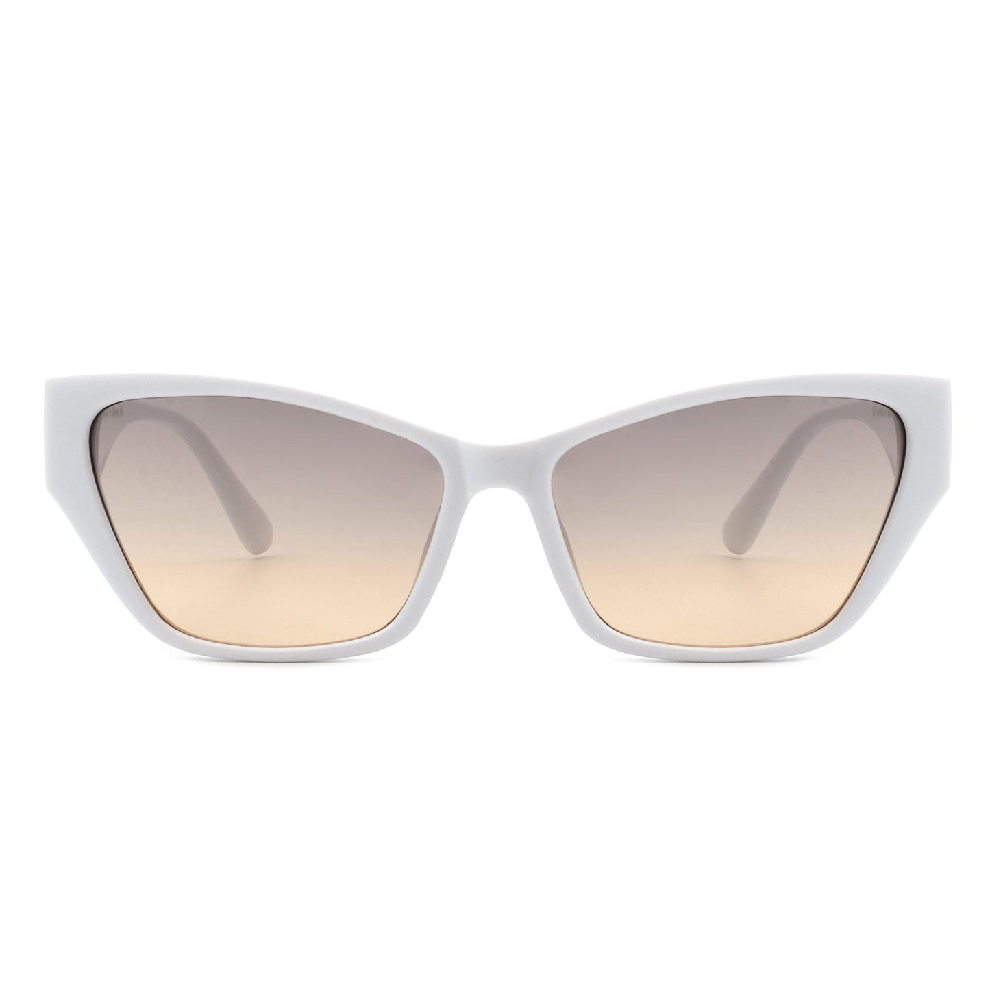Square retro cat-eye sunglasses, white frame, beige tinted lenses, front view