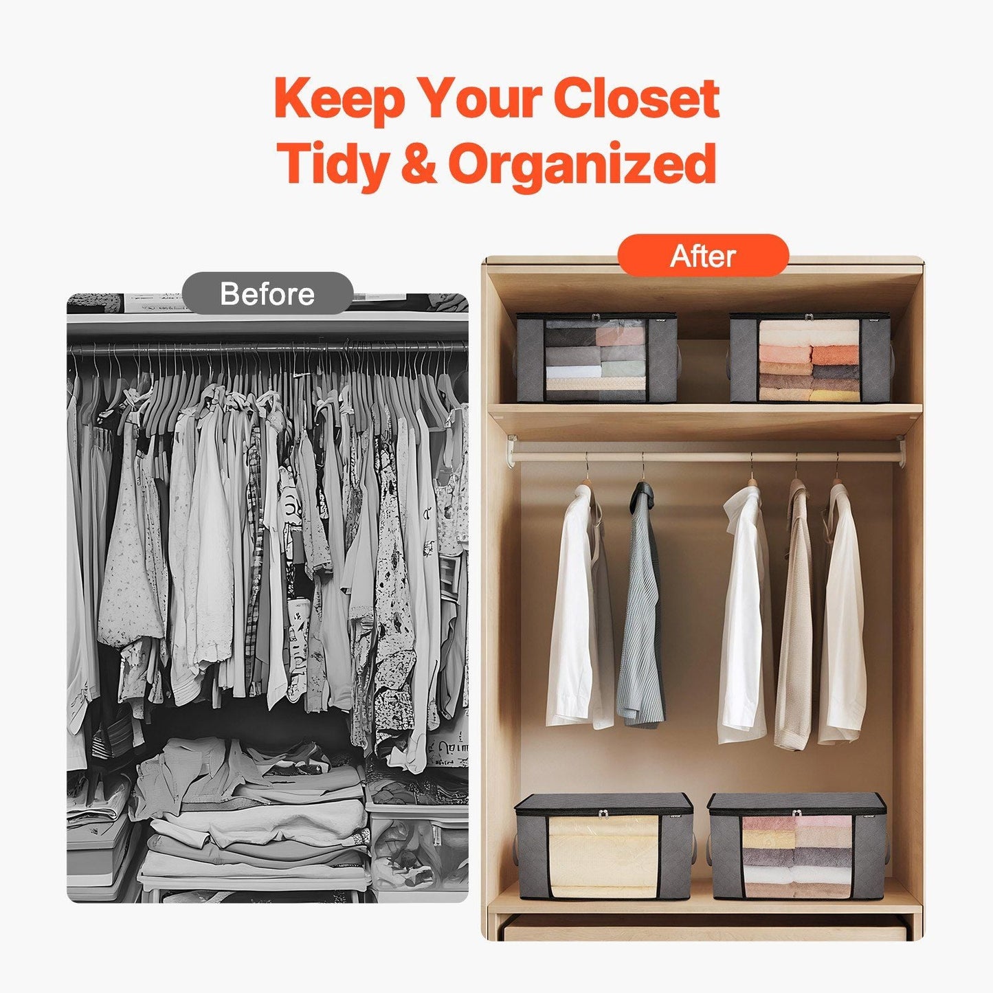 VEVOR grey foldable storage bins neatly organizing closet shelves for clothes and linens