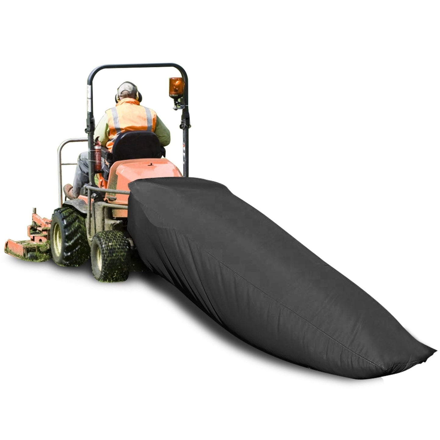 Black fabric lawn mower leaf collection bag with long discharge cover