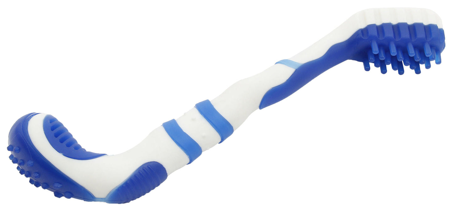 Dog toothbrush and TPR chew toy, blue and white with textured brush head