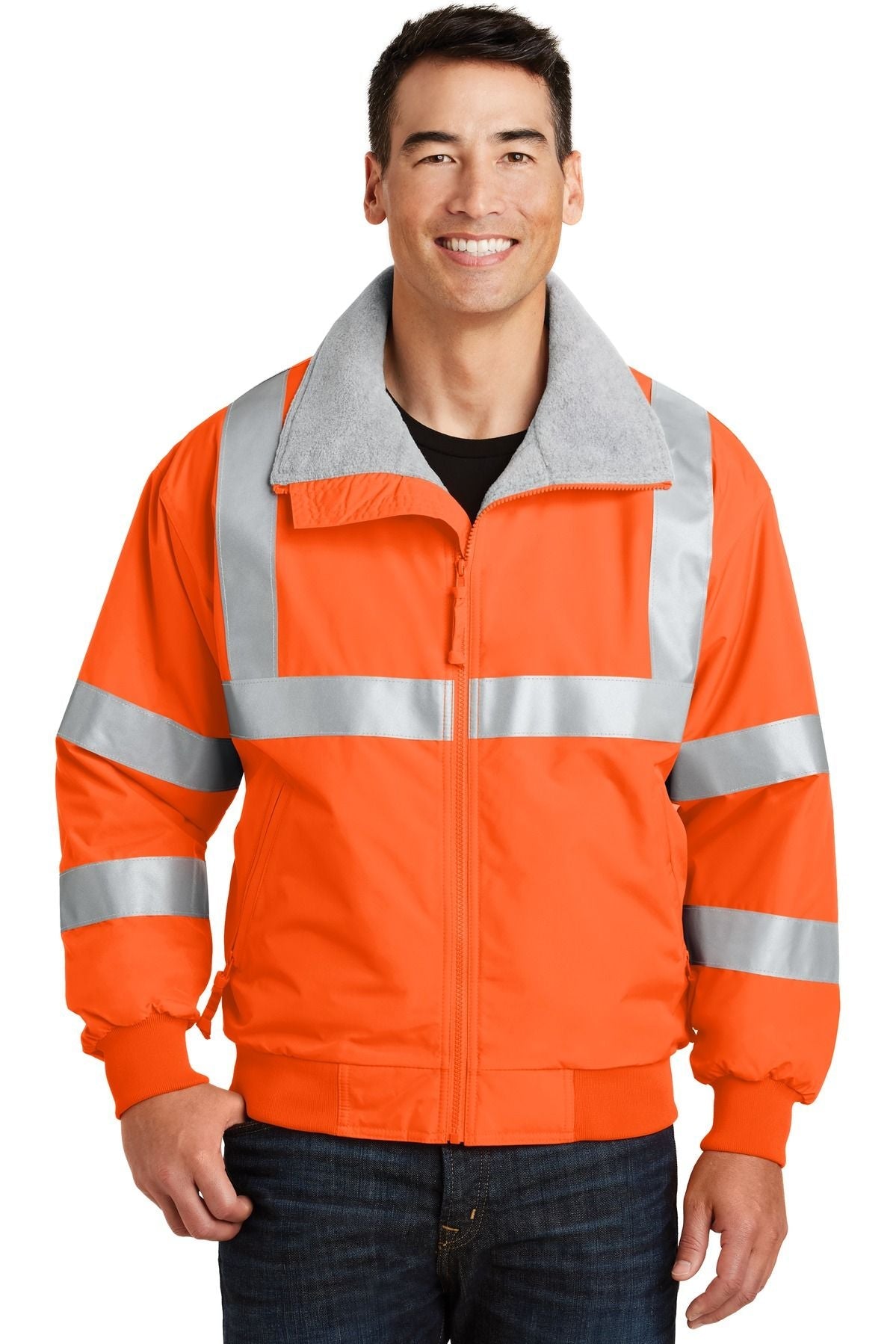 Safety orange high-visibility jacket with reflective tape strips and zip-front closure