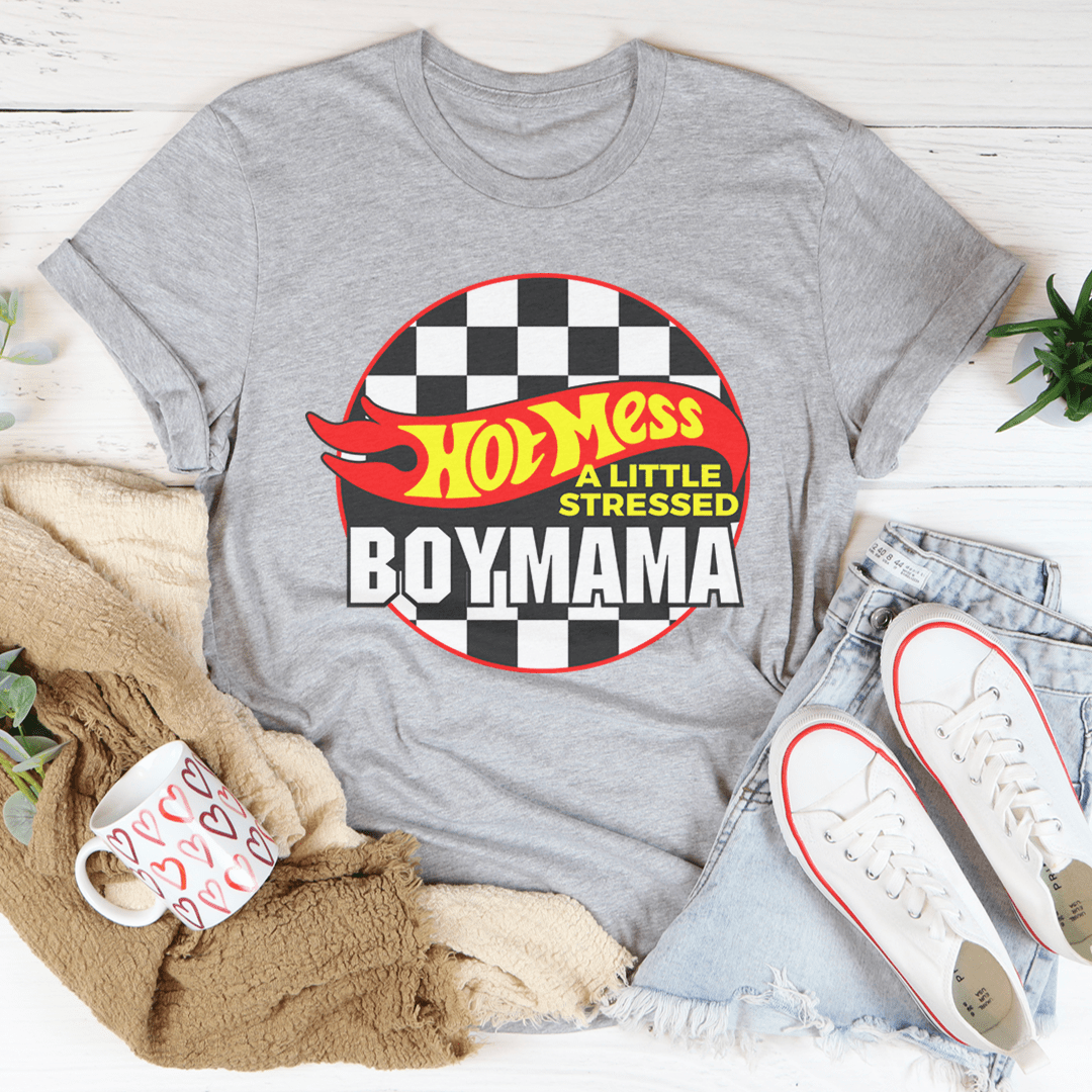 Heather gray graphic T-shirt with circular checker flame logo crew neck