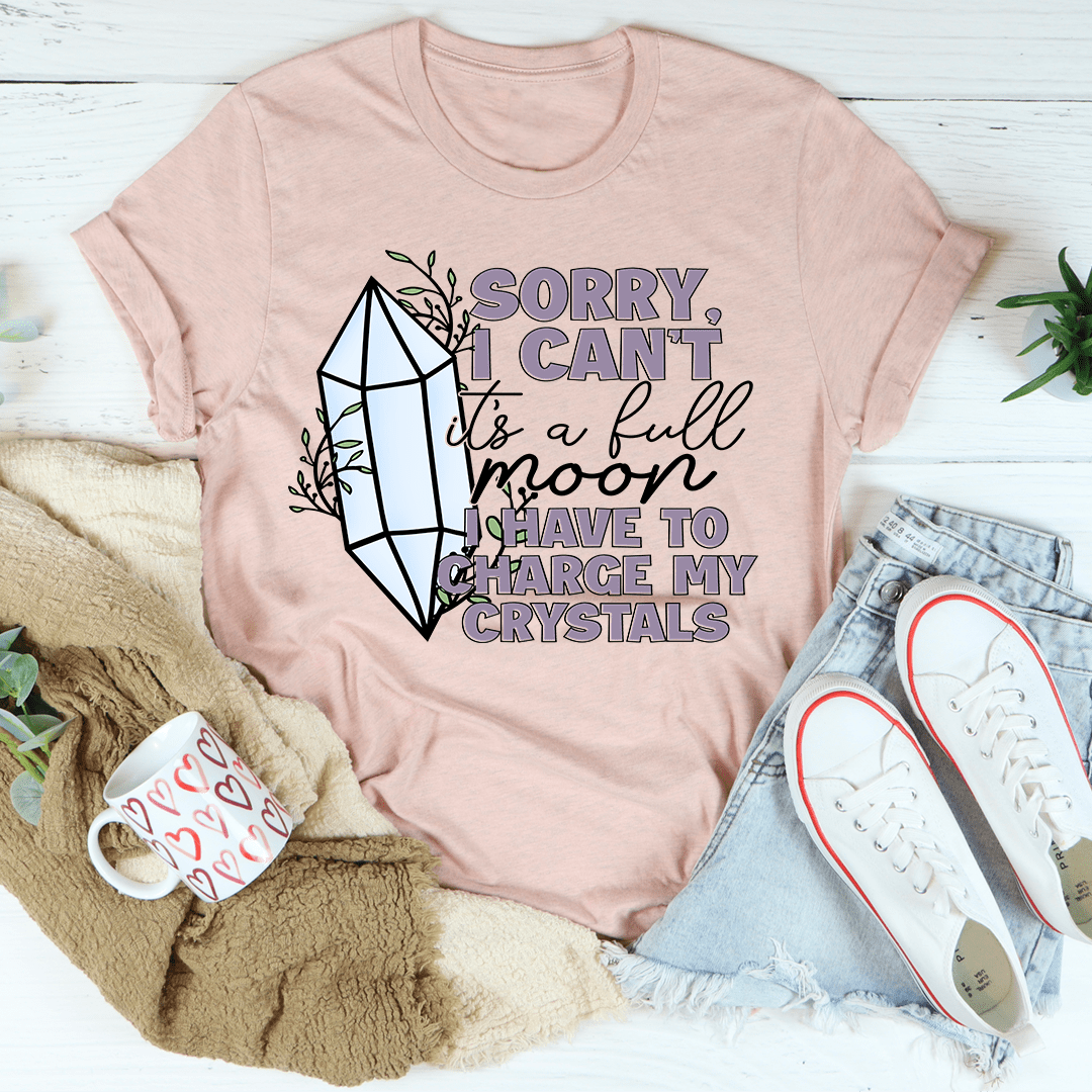 Dusty pink crew-neck T-shirt with crystal graphic and 'SORRY, I CAN'T' lettering