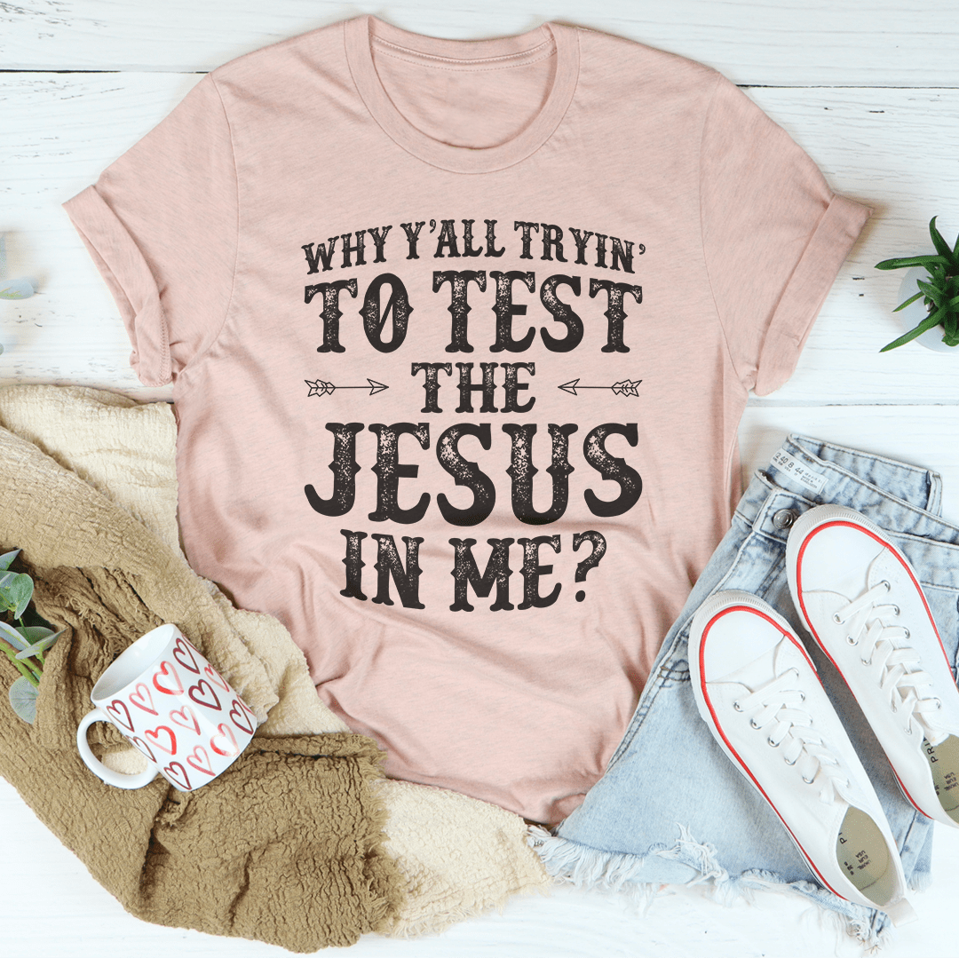 Light mauve crewneck t-shirt with centered distressed 'JESUS IN ME' graphic text