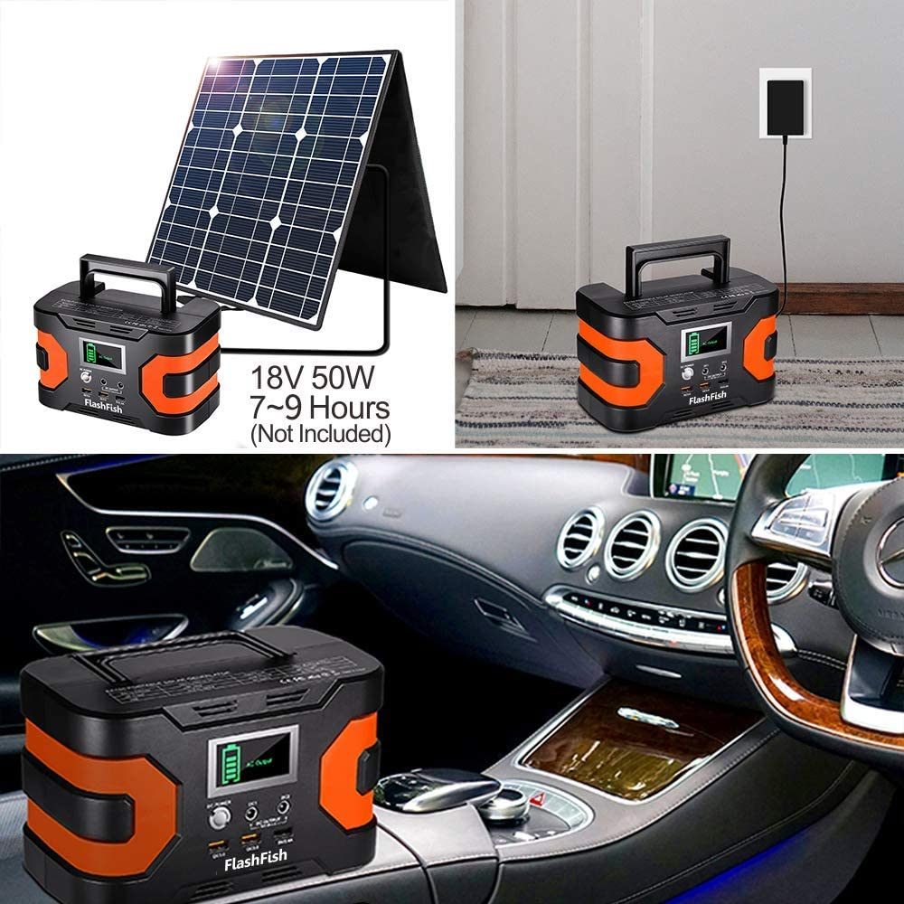 Portable power station on car interior with solar panel charging setup and LCD screen