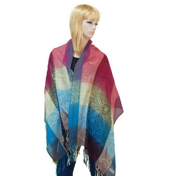 Color-block shawl with teal, blue, maroon, and pink panels; fringe tassels