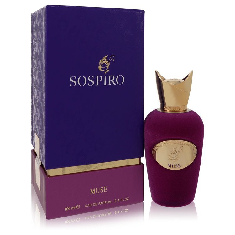 Purple eau de parfum bottle with gold cap and matching box, Muse label