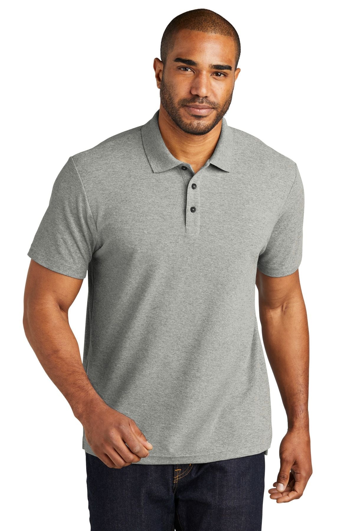 Cotton blend pique polo shirt, gray heather, 3-button placket