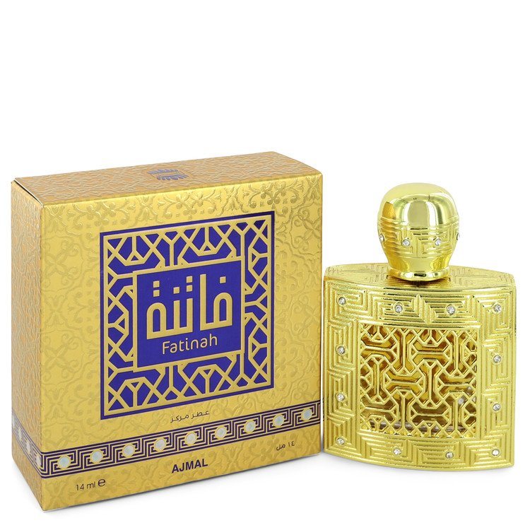 Gold concentrated perfume oil set: bottle and box with blue Fatinah label, unisex