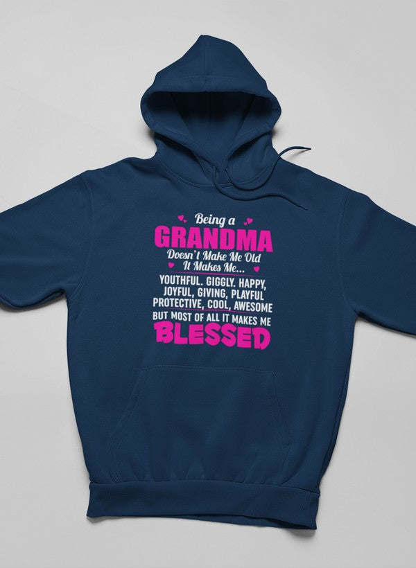 Navy hoodie with hood and kangaroo pocket; pink and white grandma text graphic