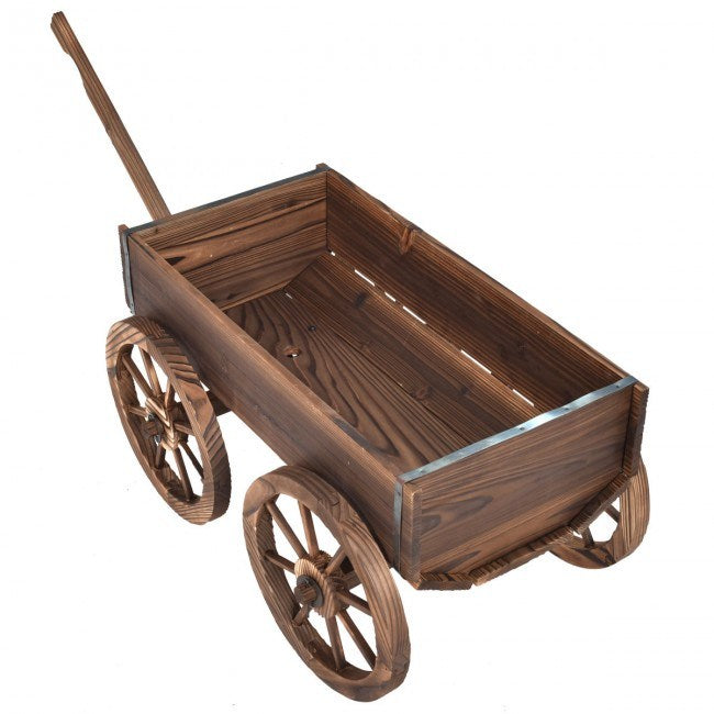 Fir wood wagon planter pot stand with four wheels and raised handles