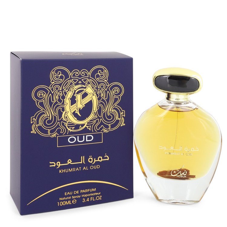 Oud Khumrat Al Oud eau de parfum spray bottle with amber liquid and box