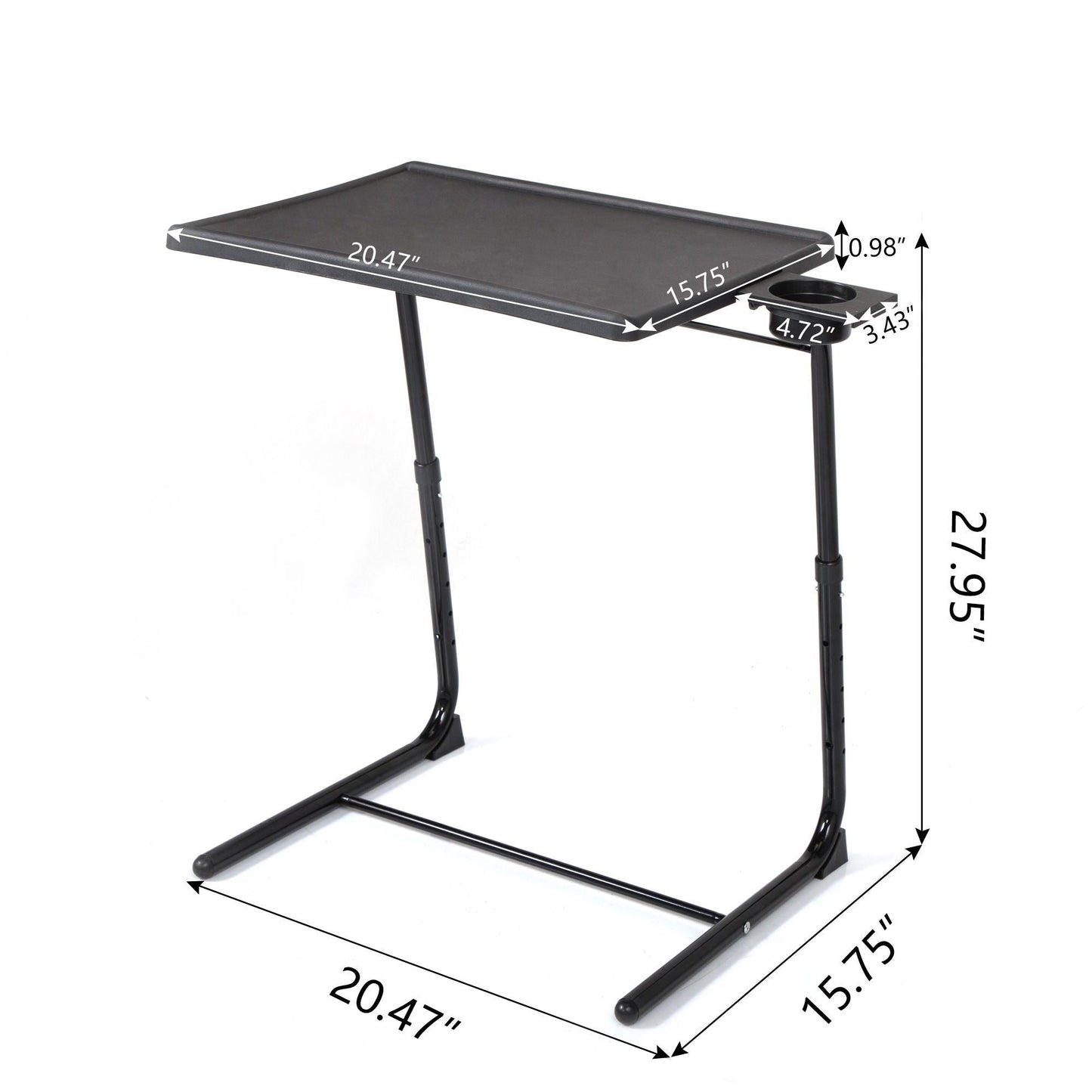 Black adjustable TV tray table with height and width measurements shown
