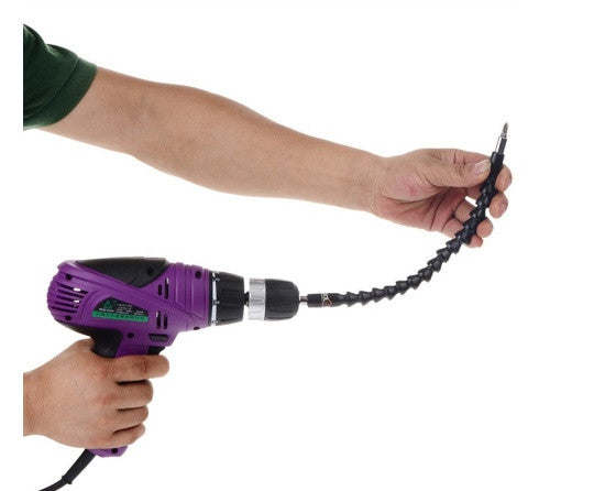 Purple power drill with flexible black adapter hose extending to the screw tip