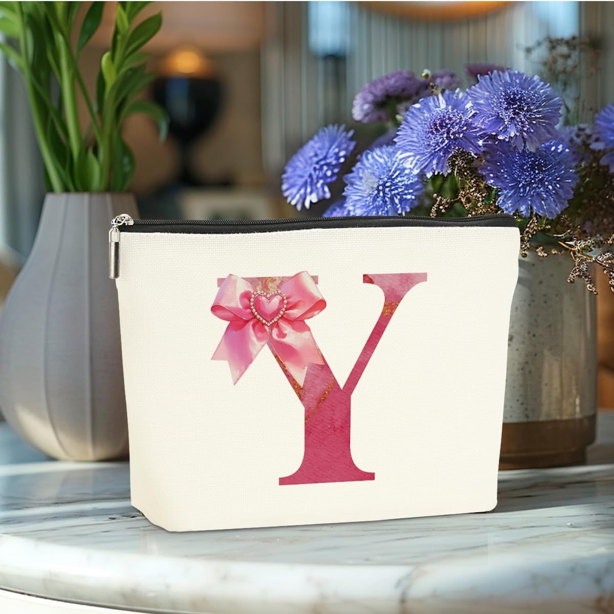 Personalized Initial Makeup Bag, Monogram Bow Travel Toiletry Make Up Bags Cute Preppy Cosmetic Bag Pouch Makeup Organizer Mothers Day Wedding Birthday Gifts for Women Teacher Sister Girls Pink Y