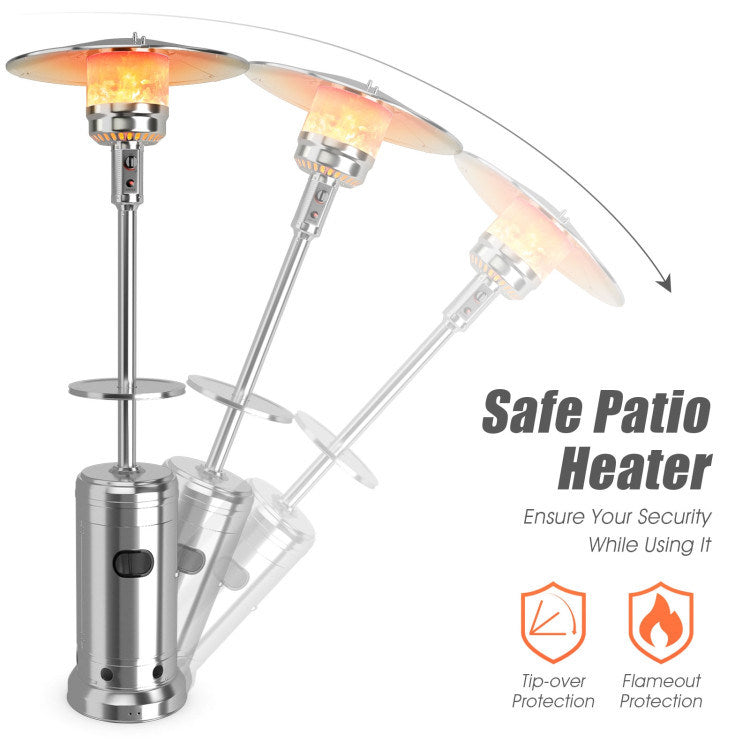 Silver propane patio heater with tilted-shutoff flameout safety feature design