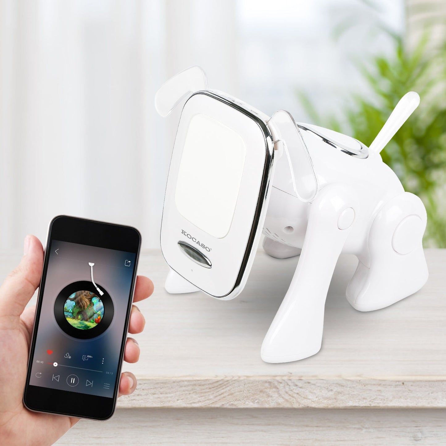 White puppy-shaped wireless speaker near smartphone, antenna angled upward