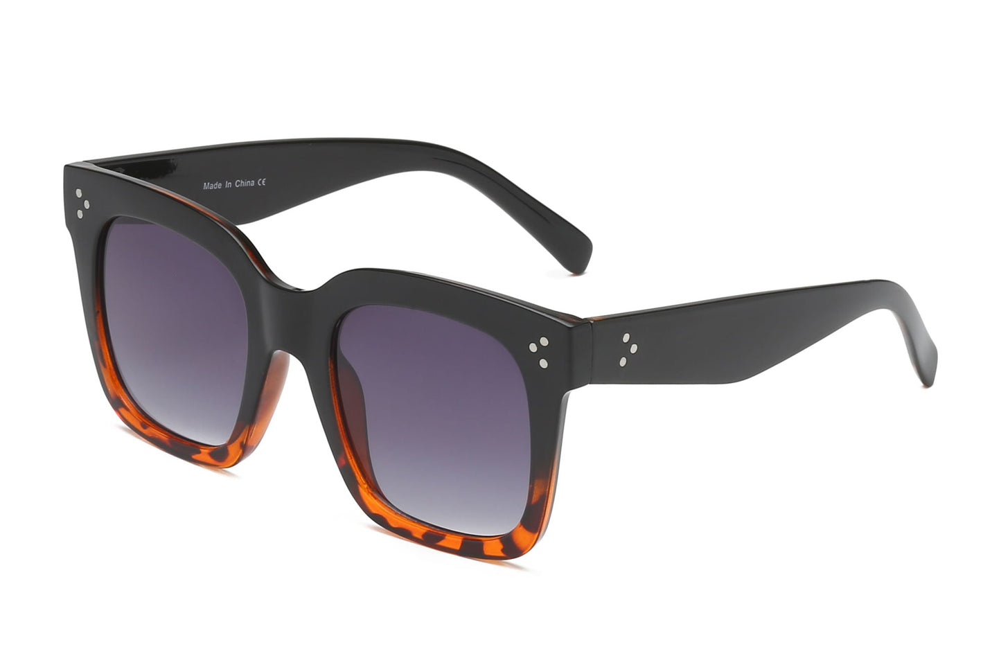 Black square flat-top sunglasses side view with purple lenses and tortoise-pattern rims